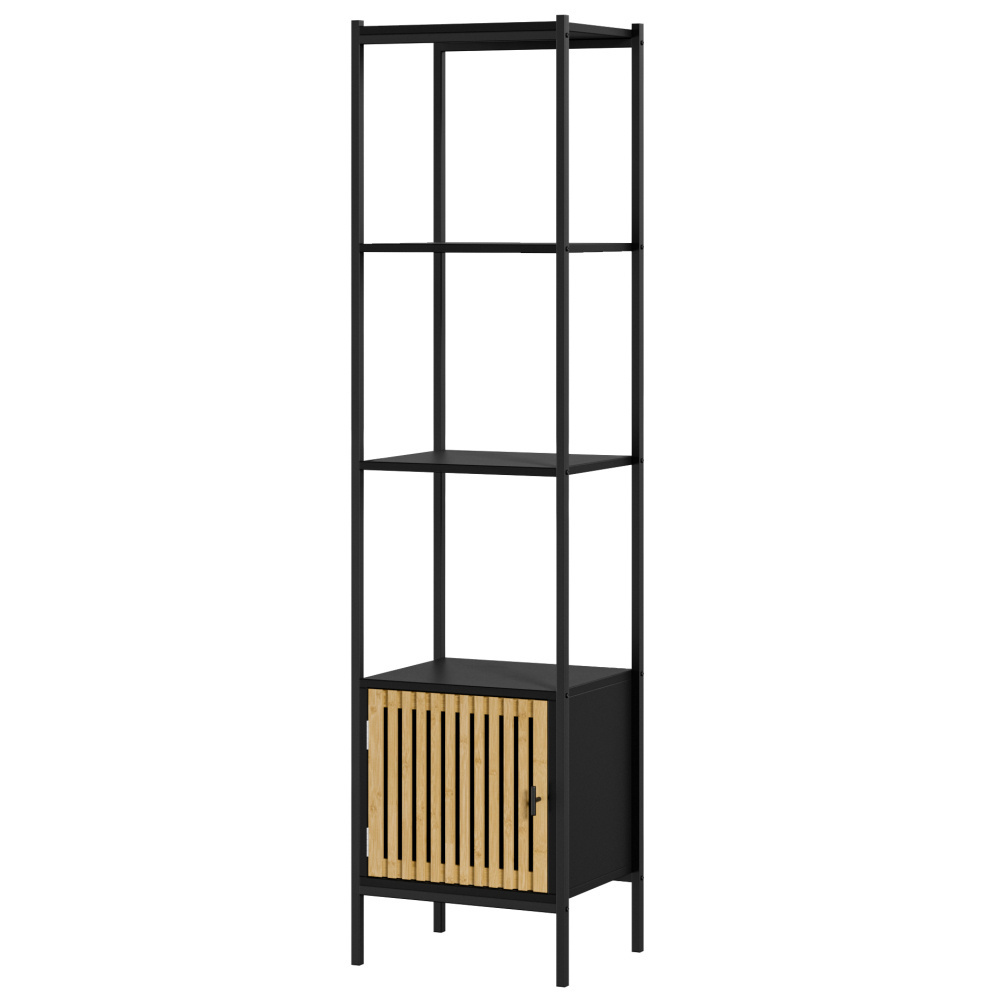 Factory Direct Black Metal Wood Two Door Bookshelf Bookcase with Three Tier Open Shelves