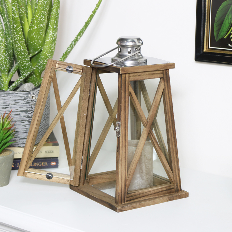 Rustic Vintage wooden lantern with stainless steel top