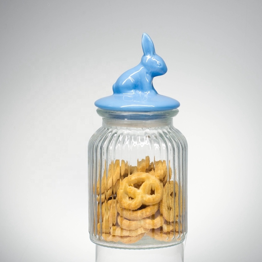 Factory hot sales rabbit animal shaped airtight glass candy cookie jars with ceramic lid