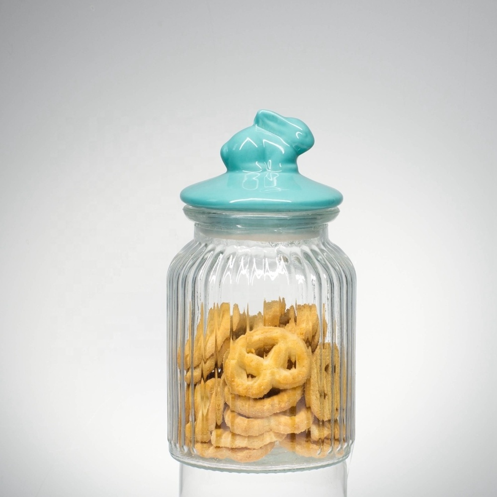 Factory hot sales rabbit animal shaped airtight glass candy cookie jars with ceramic lid