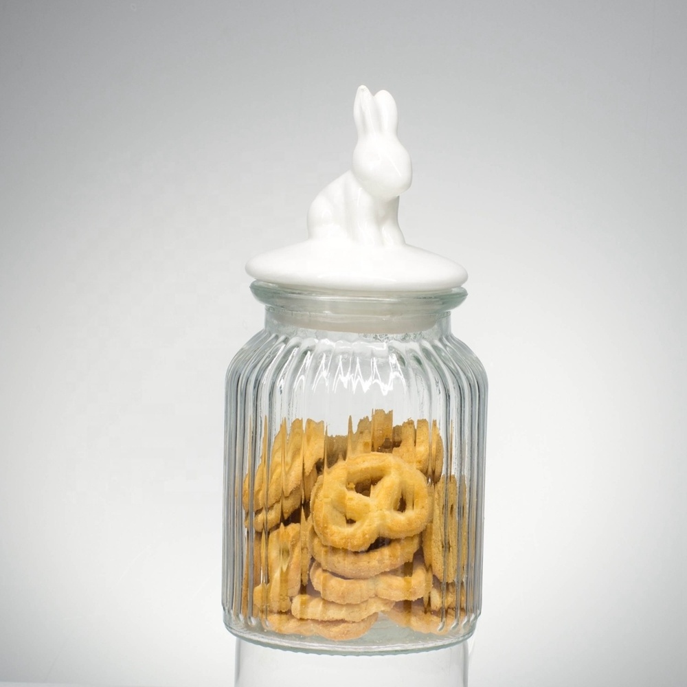 Factory hot sales rabbit animal shaped airtight glass candy cookie jars with ceramic lid