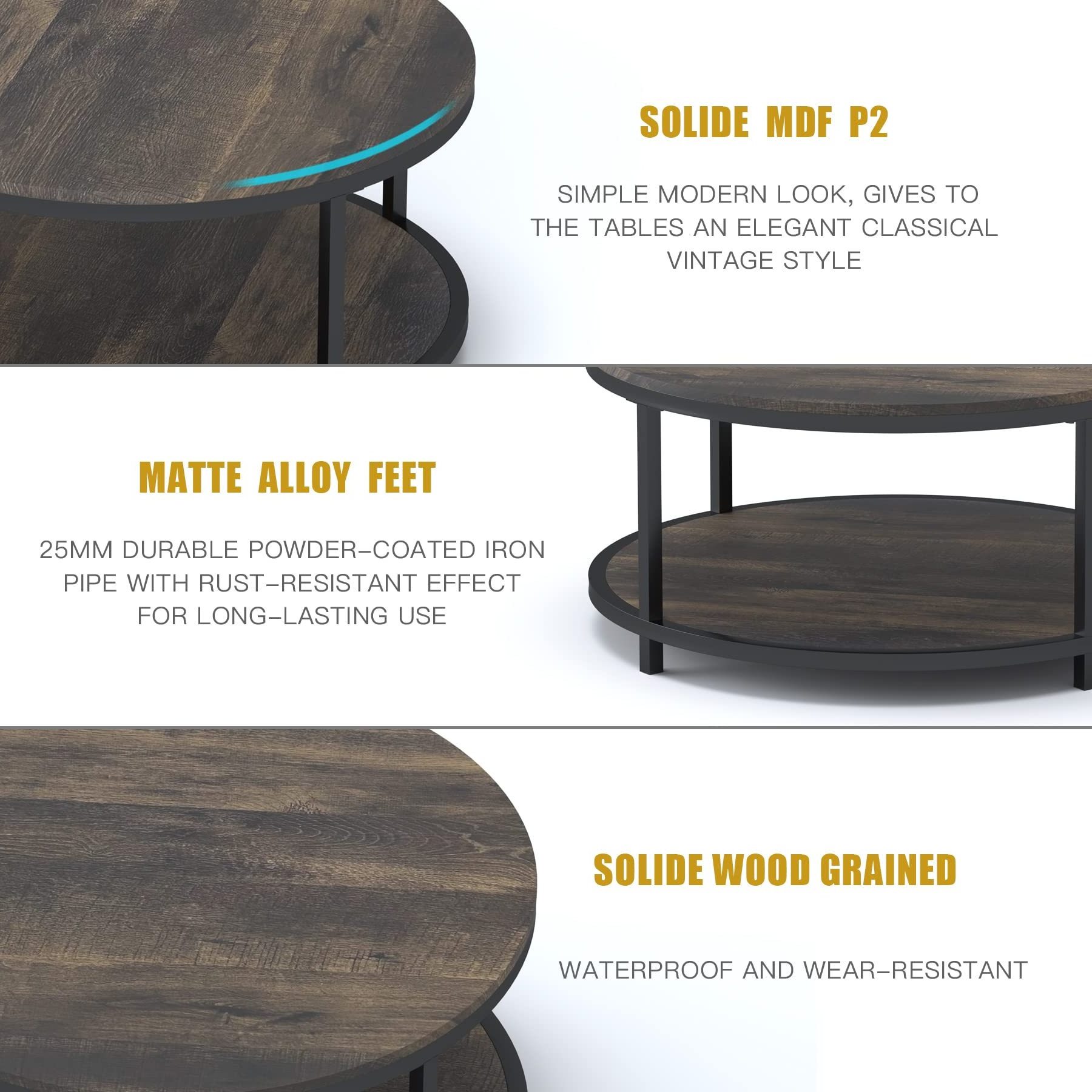 Oak Round Coffee Table, Wooden Surface Metal Legs Industrial Sofa Table for Living Room Modern Design Home Furniture