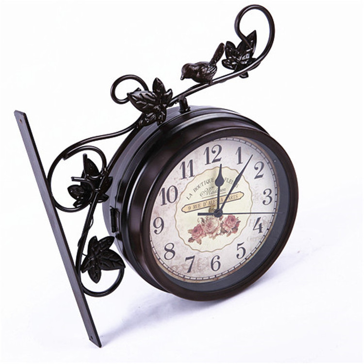 Retro Antique Handmade Iron Outdoor Double Sided Wall Clocks With Birds Decoration