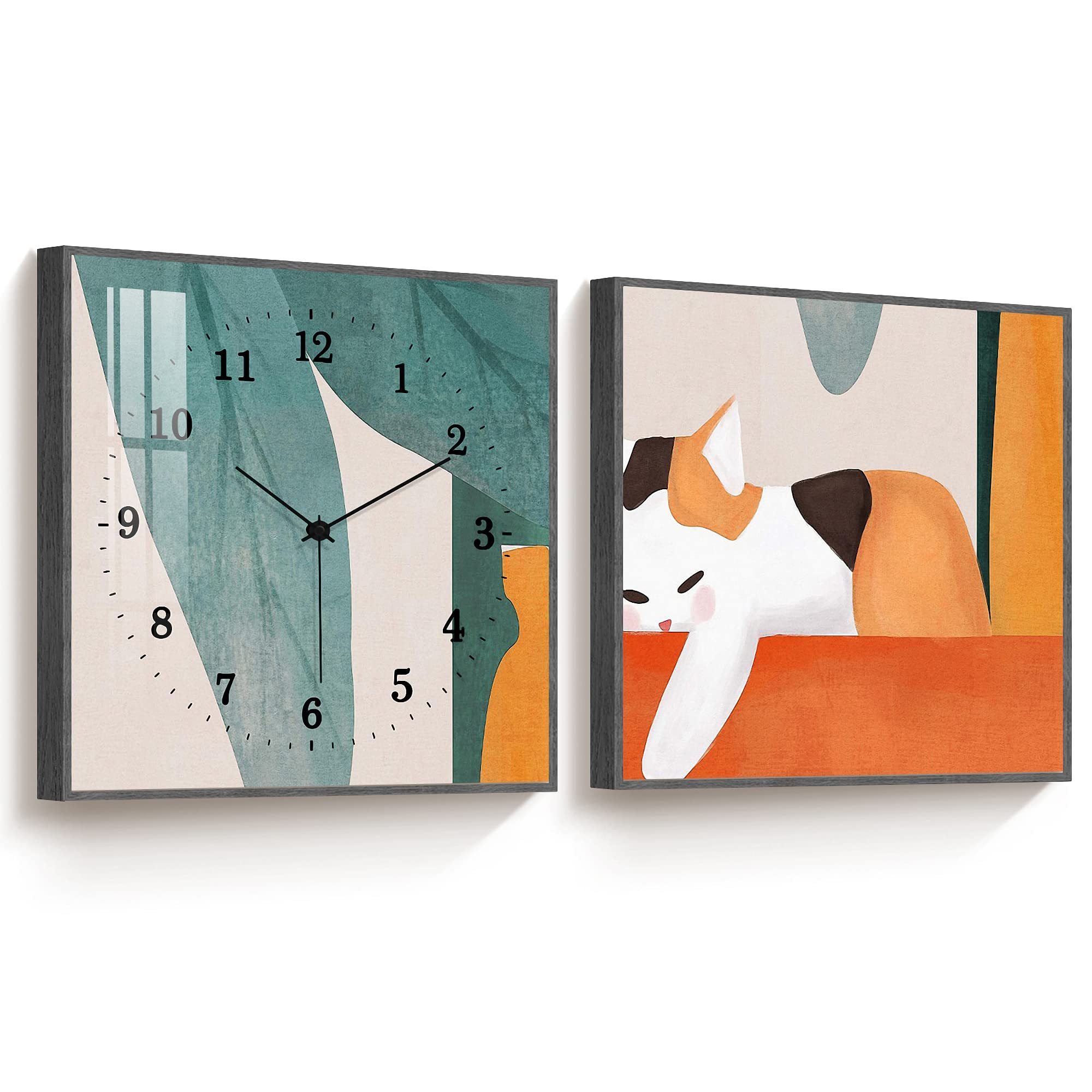 Lazy Cat Wall Clock, Simple Cute Cure Children Like Cat Square Wall Clock Cat and Clock