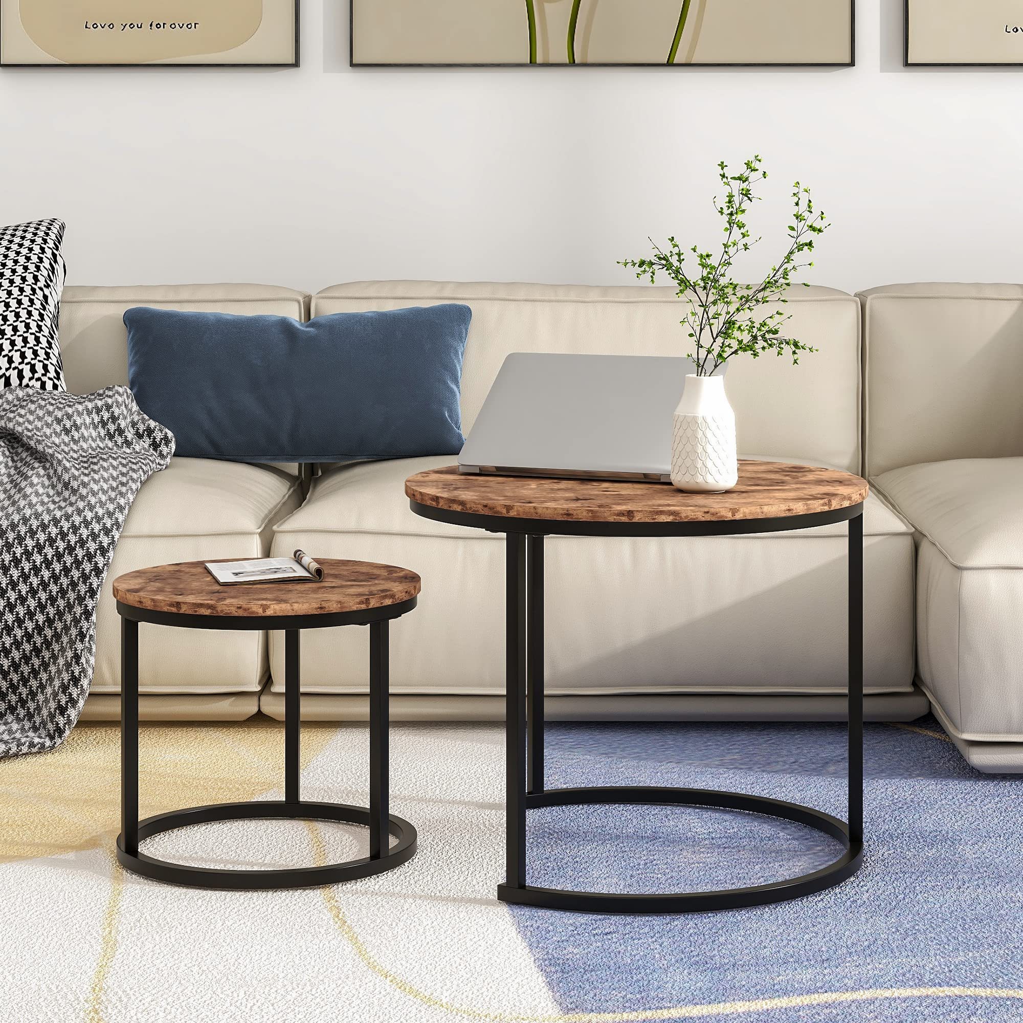 Modern Black and White round Coffee Table Set Living Room Wooden and Metal Furniture