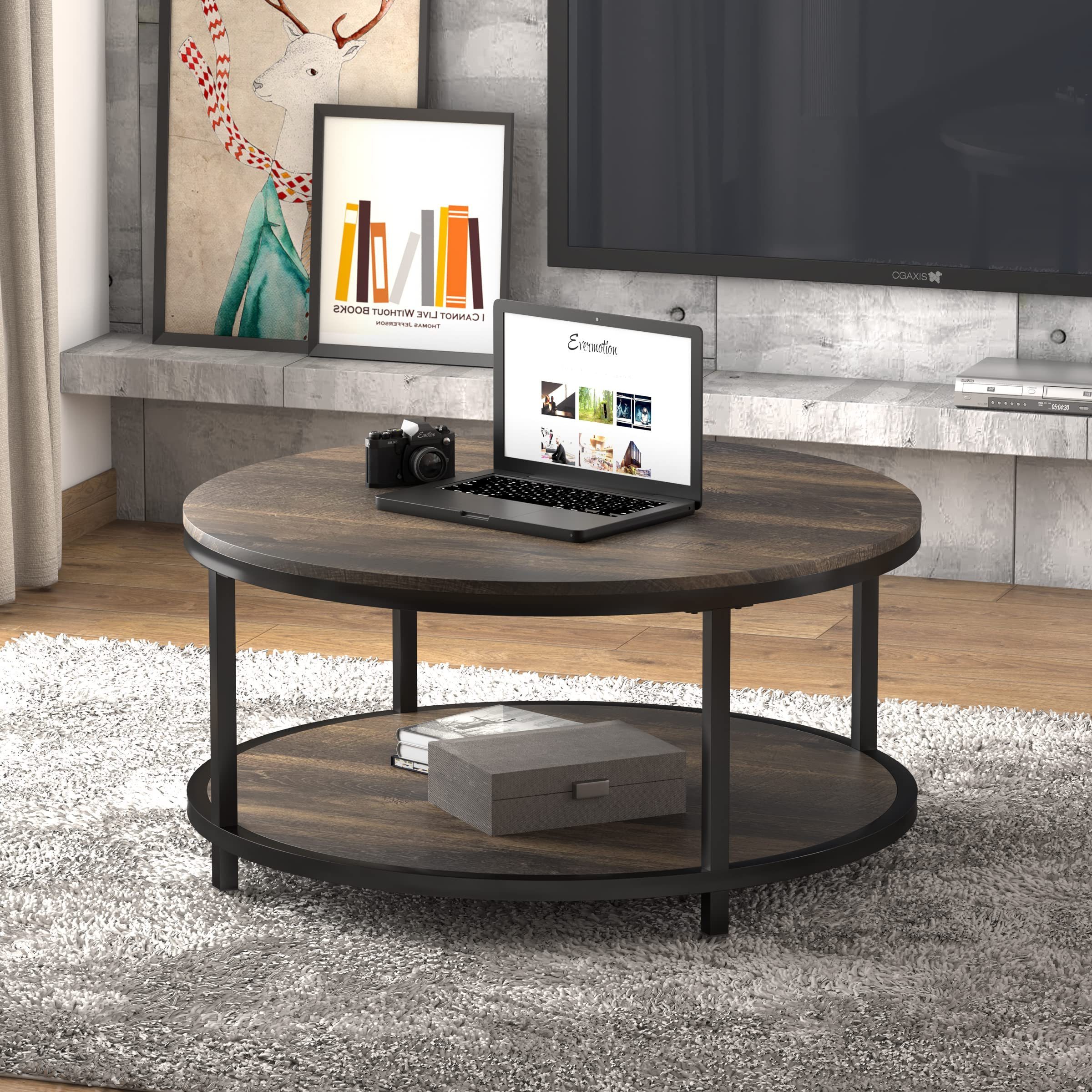 Oak Round Coffee Table, Wooden Surface Metal Legs Industrial Sofa Table for Living Room Modern Design Home Furniture