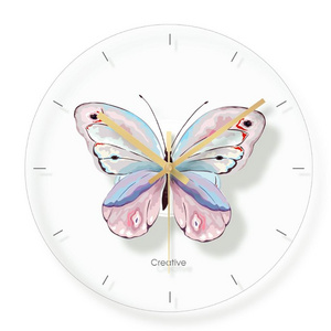 12 inch UV printing decorative tempered glass colorful wall clock Butterfly