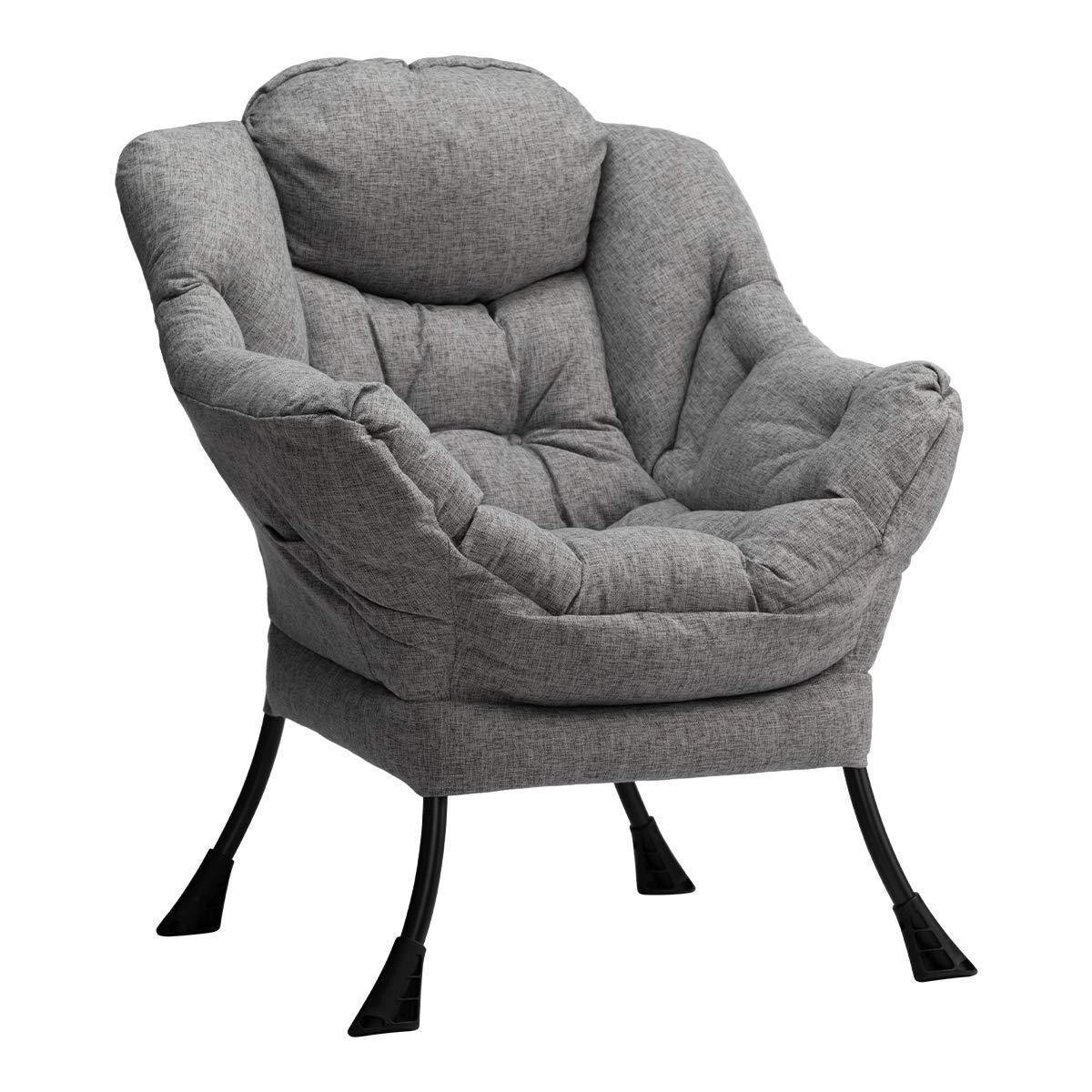 Velvet Fabric Lazy Reclining Chair Removable Metal Legs A Side Pocket Comfy Upholstered Single Sofa Chair with Ottoman