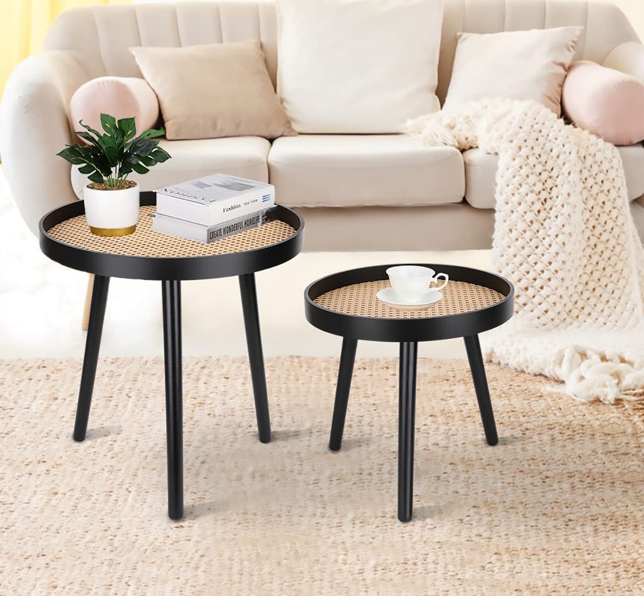 Oak Wooden Rattan Modern Patio Black Small Round Side End Coffee Table for Living Room Bedroom Office Balcony