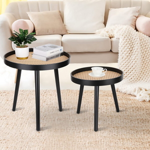 Oak Wooden Rattan Modern Patio Black Small Round Side End Coffee Table for Living Room Bedroom Office Balcony