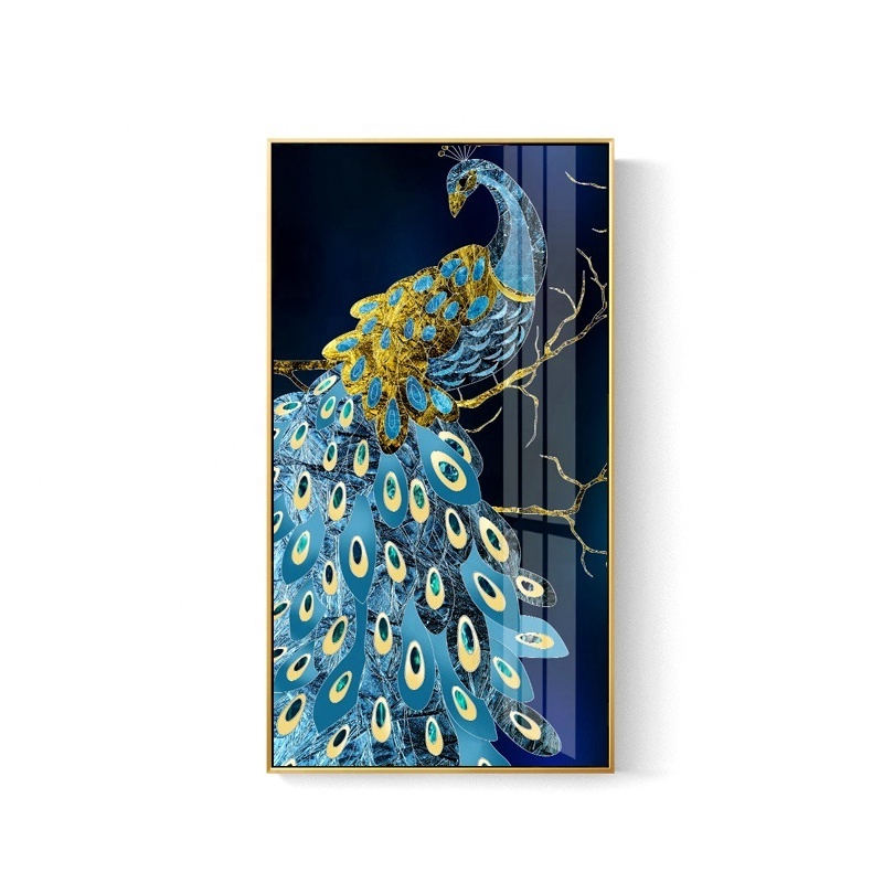 Home Decoration Blue Golden Peacock Crystal Porcelain Painting Entrance Decoration