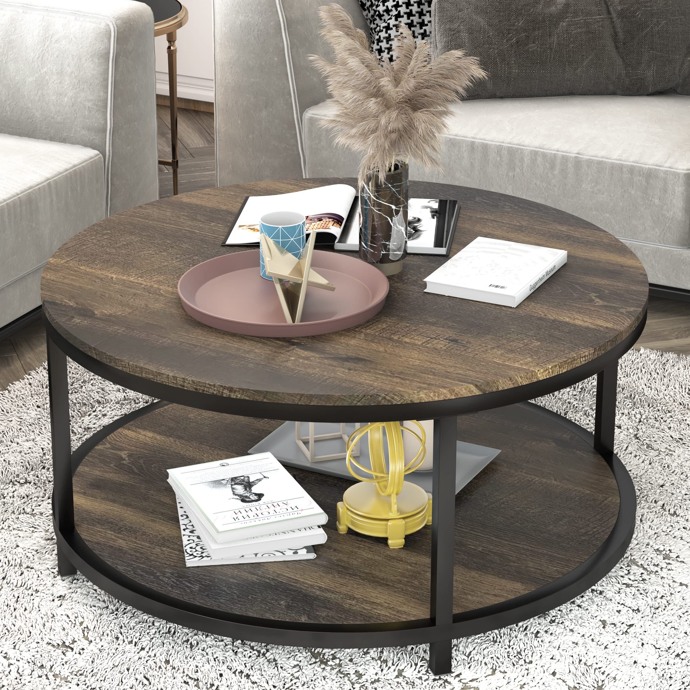 Oak Round Coffee Table, Wooden Surface Metal Legs Industrial Sofa Table for Living Room Modern Design Home Furniture