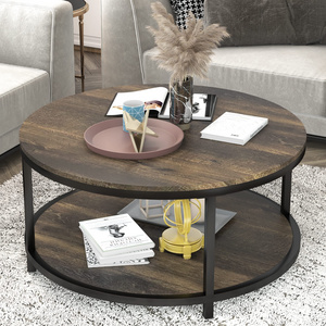 Oak Round Coffee Table, Wooden Surface Metal Legs Industrial Sofa Table for Living Room Modern Design Home Furniture