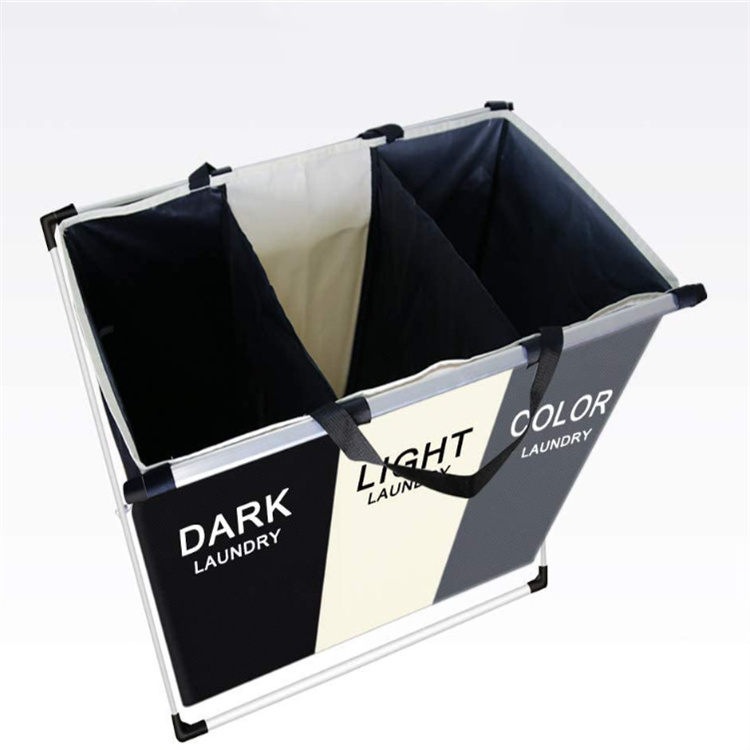 X shaped 3 Section Laundry Foldable Storage Bag Basket Printed Storage Organizer Cart For Dirty Clothes with Frame Handles