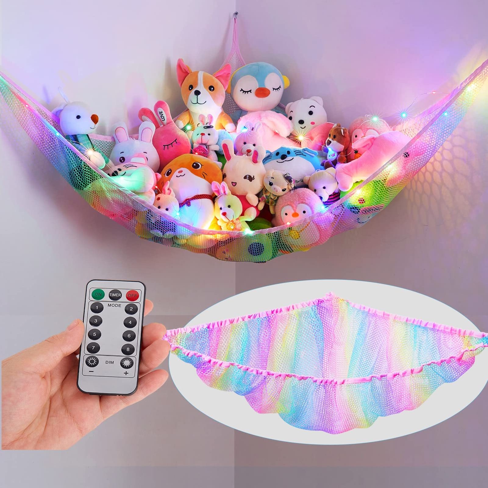 Stuffed Animal Toys Storage Kids Plush Toy Organizer Hanging Kids Toy Storage Organizer Shelves with LED Light