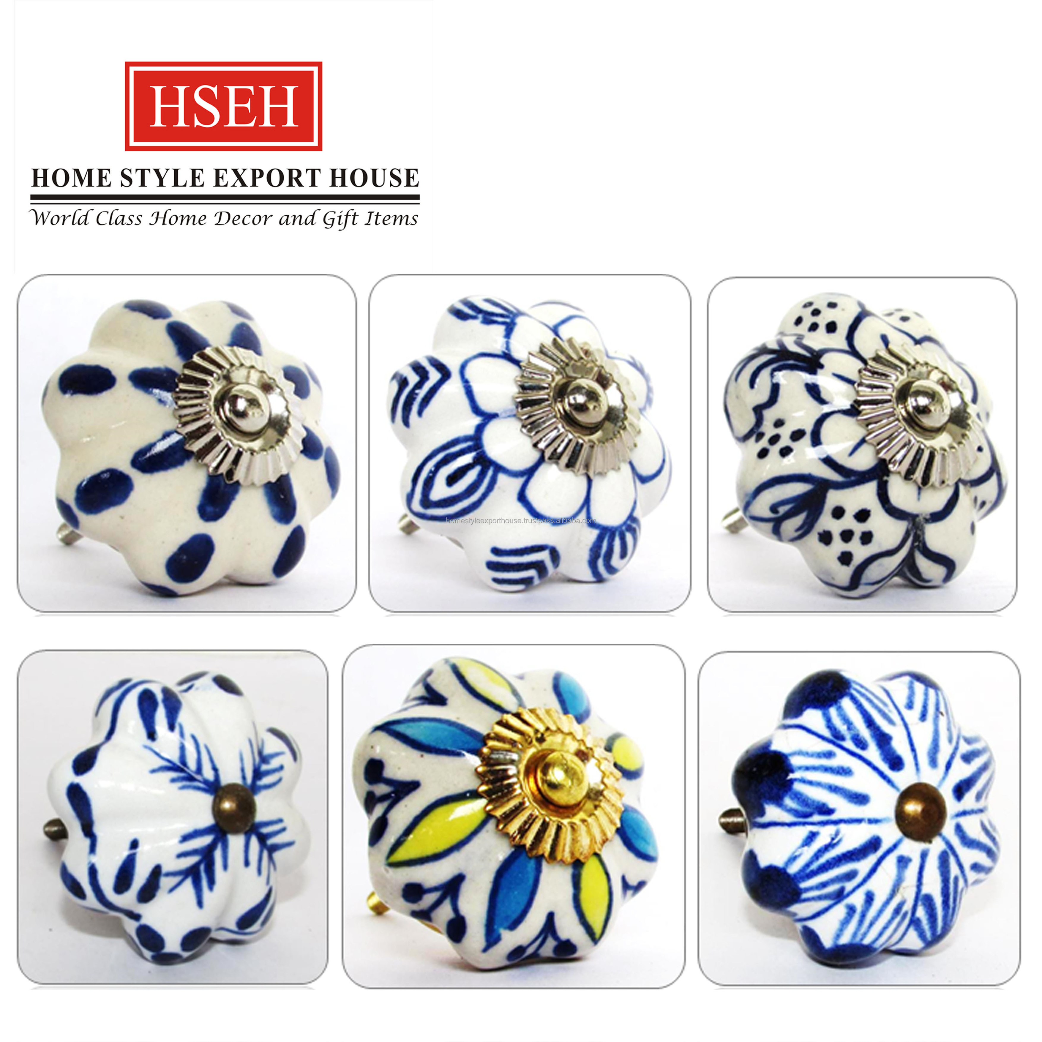 Blue And Gold Ceramic Knob Cabinet Knobs Colored Finishing Design And Flower Shaped Design Knobs For Drawer Decor And Home Decor