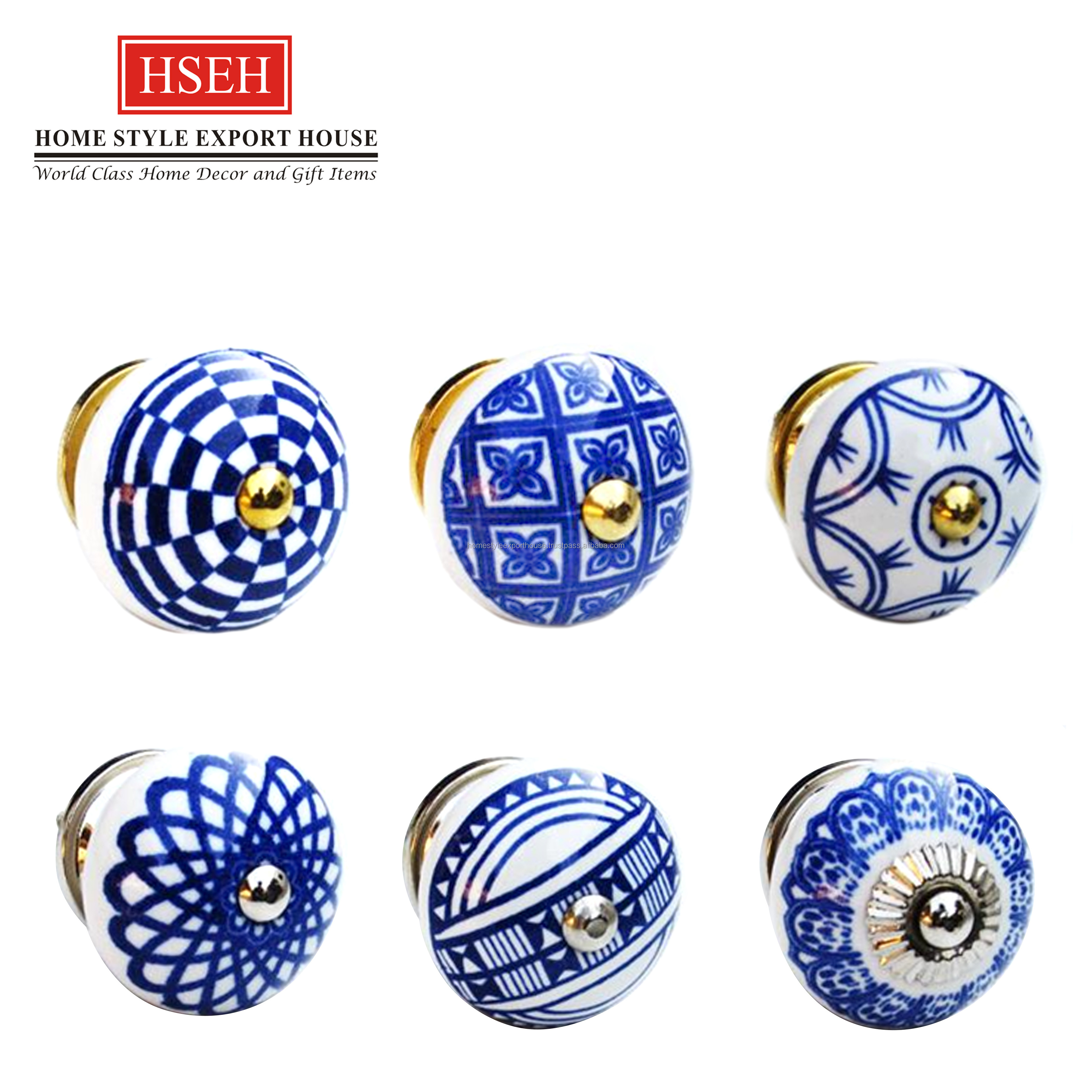 Blue And Gold Ceramic Knob Cabinet Knobs Colored Finishing Design And Flower Shaped Design Knobs For Drawer Decor And Home Decor