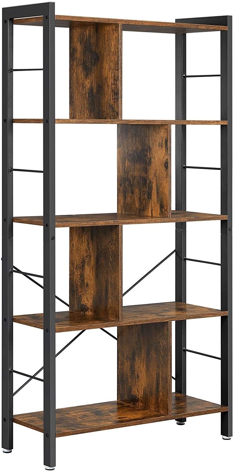 5 Tier Bookshelves ,Industrial Bookshelf Rustic Wood and Metal Standing Shelving ,Tall Display Home Office Bookcase