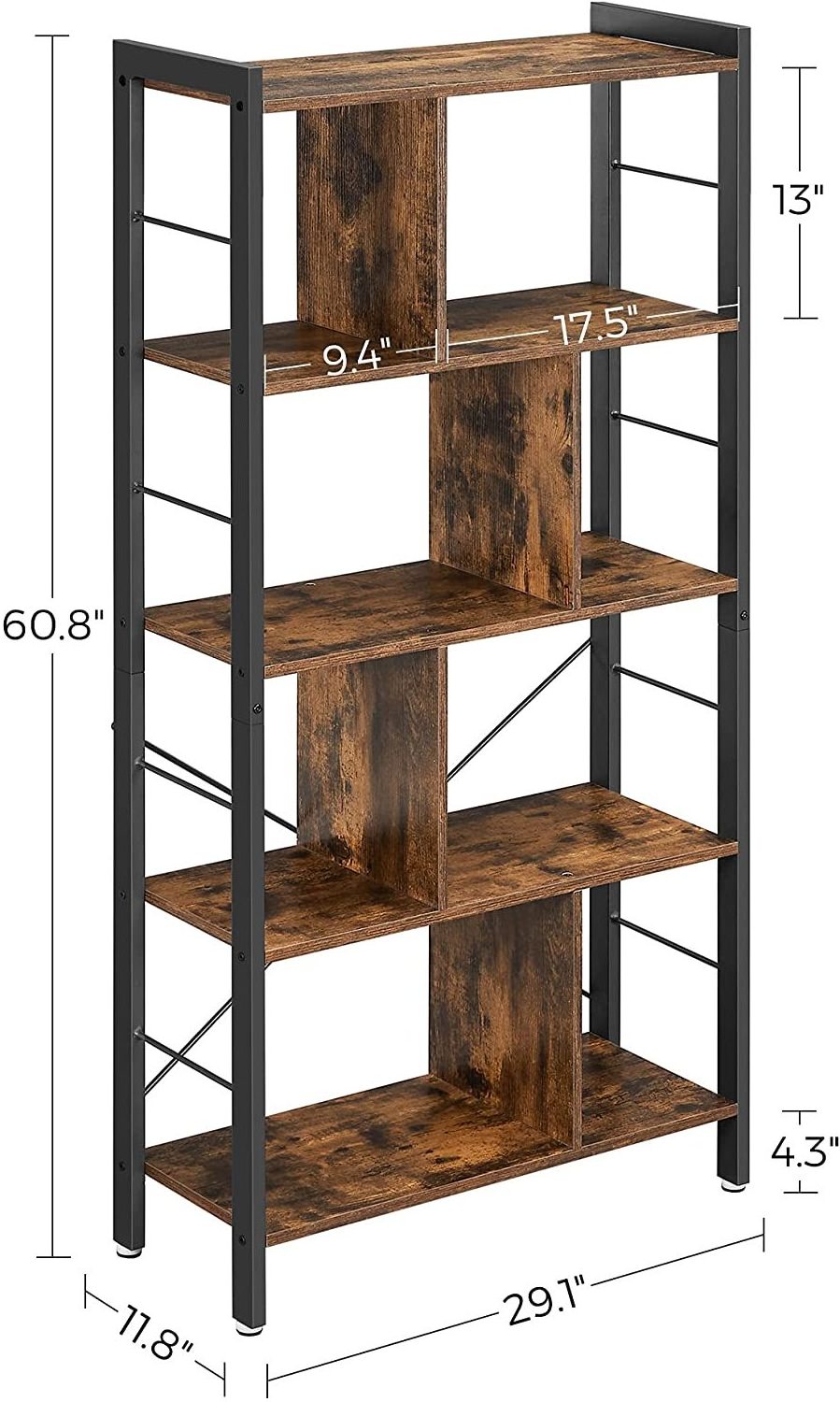 5 Tier Bookshelves ,Industrial Bookshelf Rustic Wood and Metal Standing Shelving ,Tall Display Home Office Bookcase