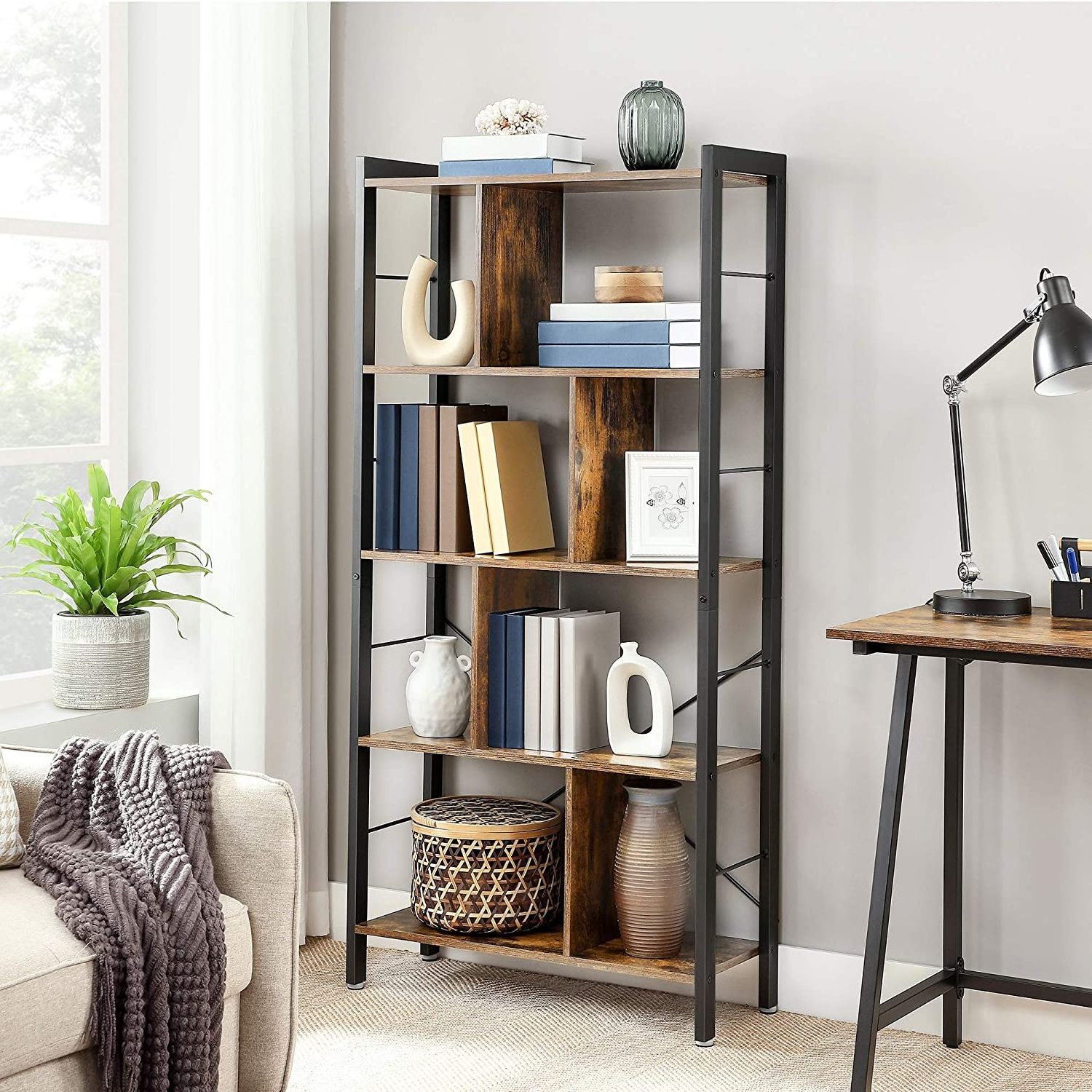 5 Tier Bookshelves ,Industrial Bookshelf Rustic Wood and Metal Standing Shelving ,Tall Display Home Office Bookcase