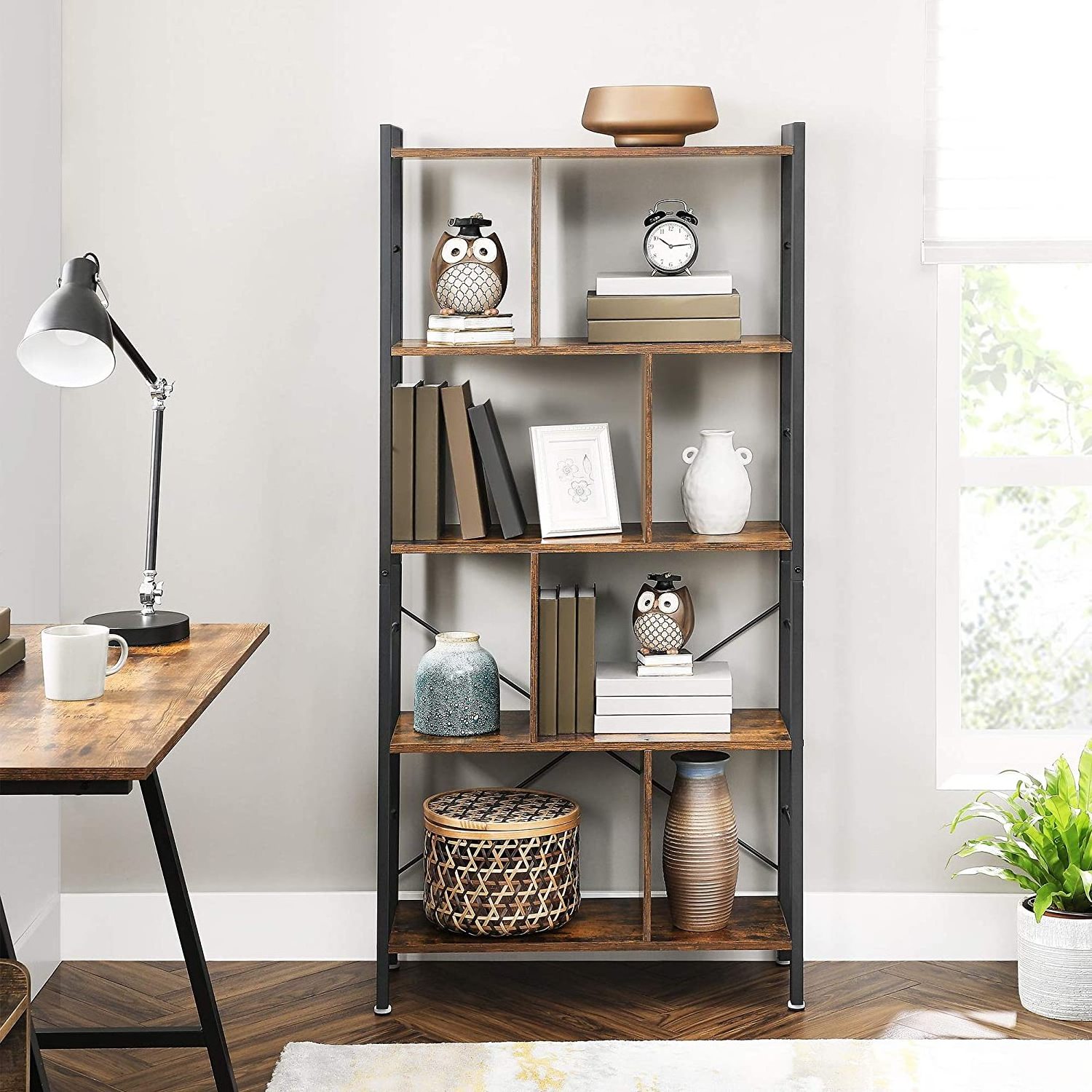 5 Tier Bookshelves ,Industrial Bookshelf Rustic Wood and Metal Standing Shelving ,Tall Display Home Office Bookcase