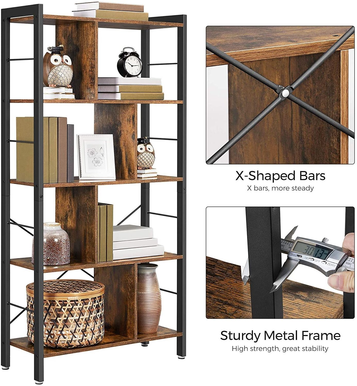 5 Tier Bookshelves ,Industrial Bookshelf Rustic Wood and Metal Standing Shelving ,Tall Display Home Office Bookcase