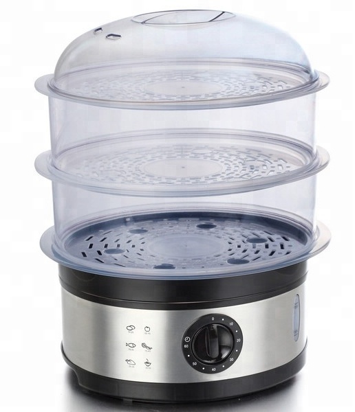 electric food steamer SS or plastic housing Volume 6600 and 1800ml three layers  60 minutes mechanical timer