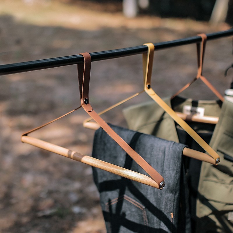 Strong Bearing Faux Leather Camping Hanging Rack Beech Wood Towel Clothes Hanger Wooden Clothes Drying Rack For Outdoor Home