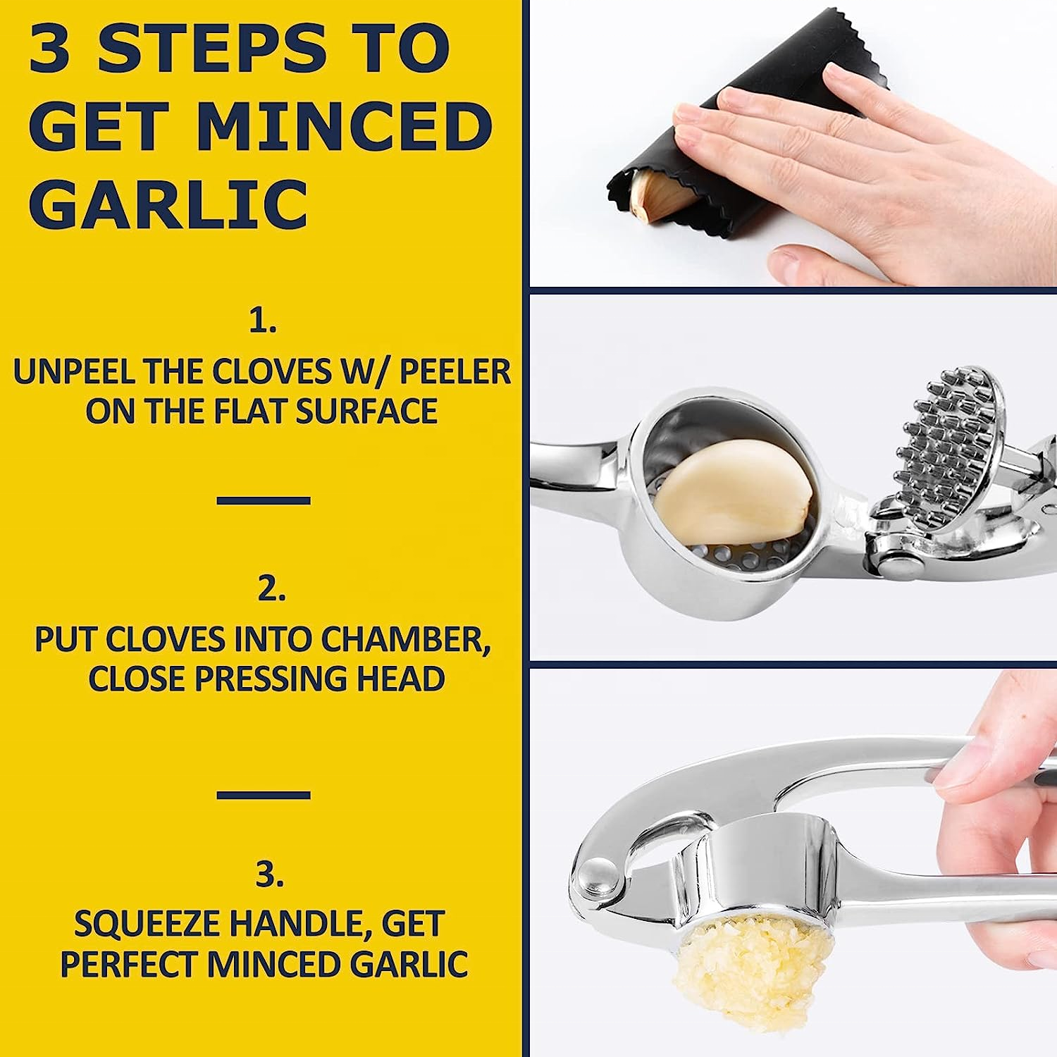 Garlic Mincer Set of 3 with Silicone Roll Peeler & Cleaning Brush - Premium Garlic Press/Ginger Press