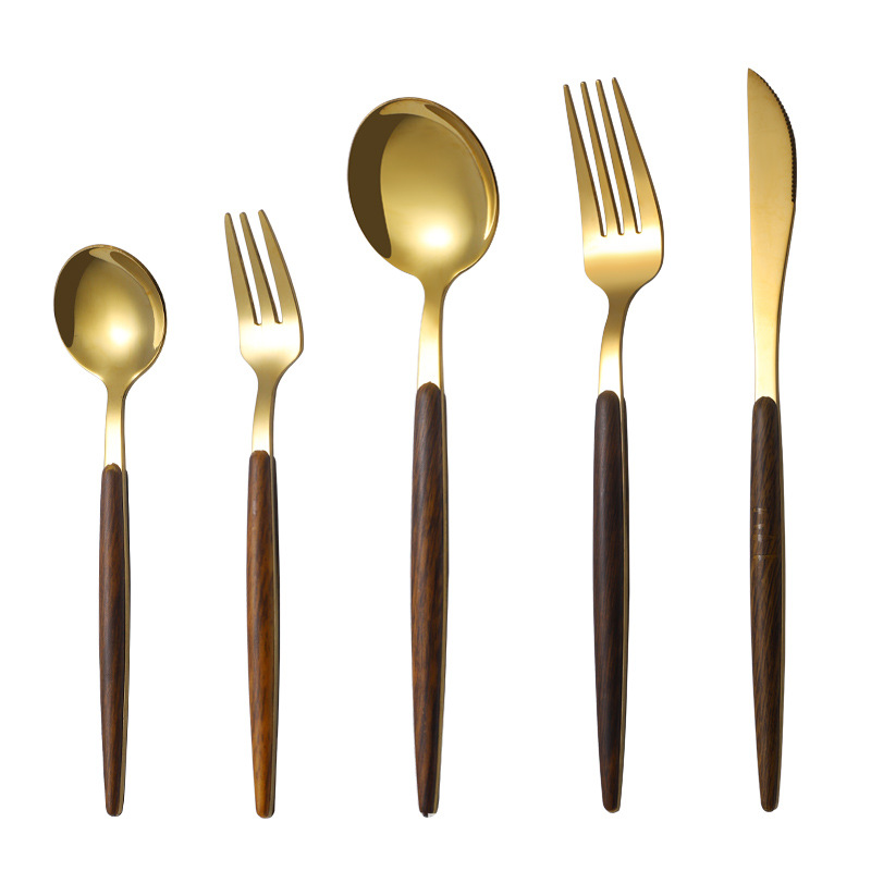 Customized / Wholesale Portugal Vintage Stainless Steel Gold Deluxe Wood Handle Cutlery Set Stainless Steel Cutlery Set