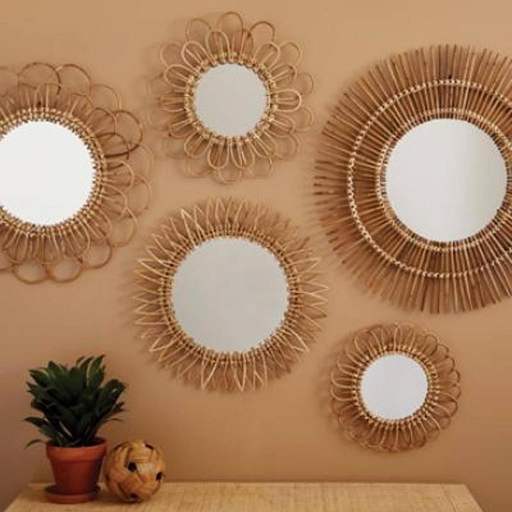 Antique Wholesale Natural Bamboo Wicker Rattan Mirror Mounted Wall Hanging Decor Items Craft Product For Home Boho Decoration