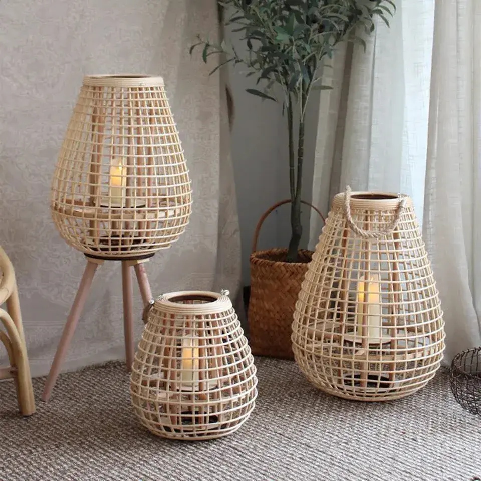 Corner Floor Lamp Decorative Rattan Candle Holders Lantern Wicker Handicrafts Product Bamboo with Legs Centerpieces for Wedding