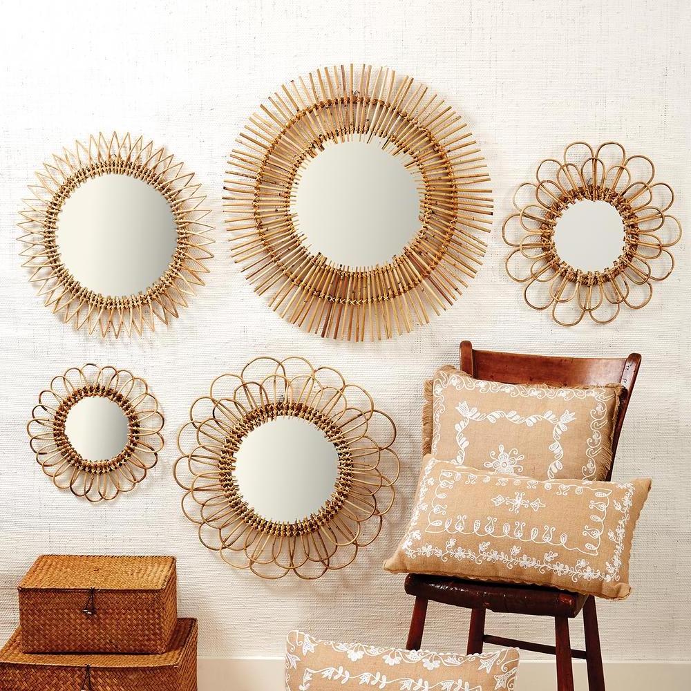 Antique Wholesale Natural Bamboo Wicker Rattan Mirror Mounted Wall Hanging Decor Items Craft Product For Home Boho Decoration