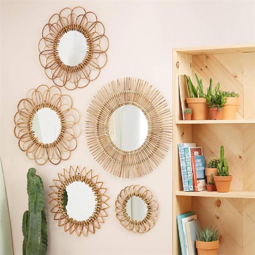 Antique Wholesale Natural Bamboo Wicker Rattan Mirror Mounted Wall Hanging Decor Items Craft Product For Home Boho Decoration