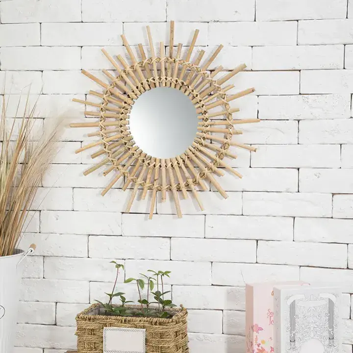 Minimalist Decorative Bamboo Rattan Wicker Wholesale Mirror Mounted Wall Hanging Round Antique For Bedroom Living Room Bedroom