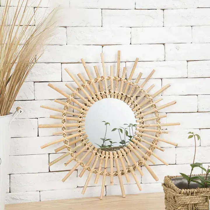 Minimalist Decorative Bamboo Rattan Wicker Wholesale Mirror Mounted Wall Hanging Round Antique For Bedroom Living Room Bedroom