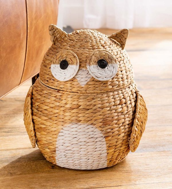 Cute animals woven straw seagrass basket wicker laundry hamper for kids toy storage organization colored baby room decor