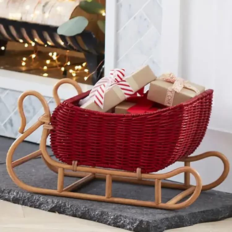 New Arrival Christmas Red Rattan Sleigh Storage Basket For Home Decoration Xmas Wholesale Products Items Decorative Gift Items