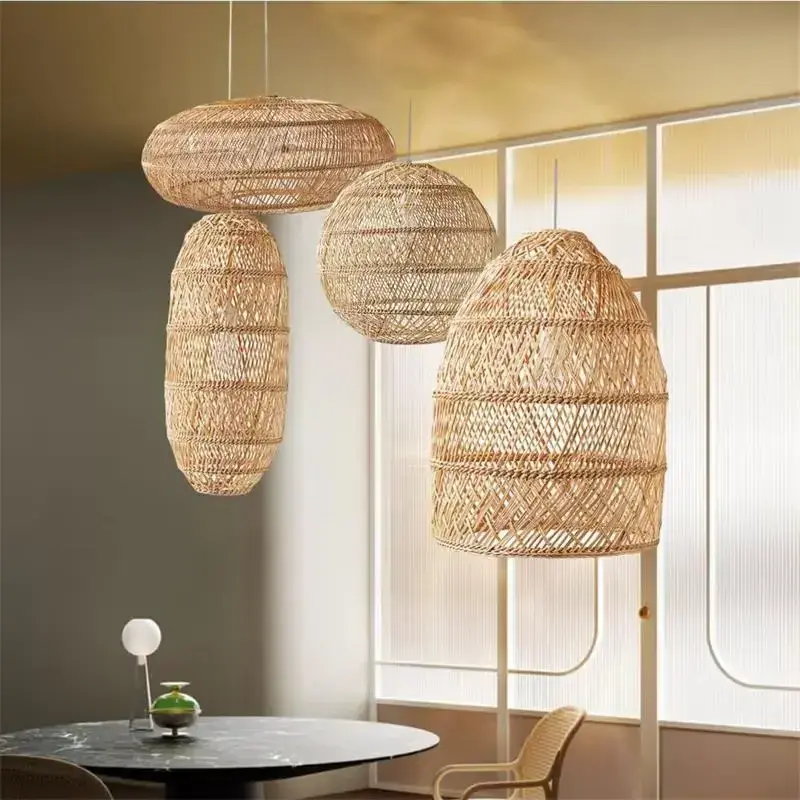 Rattan pendant lights decor bamboo wicker lampshades chandeliers ceiling frames handmade lamp shades covers wooden modern style