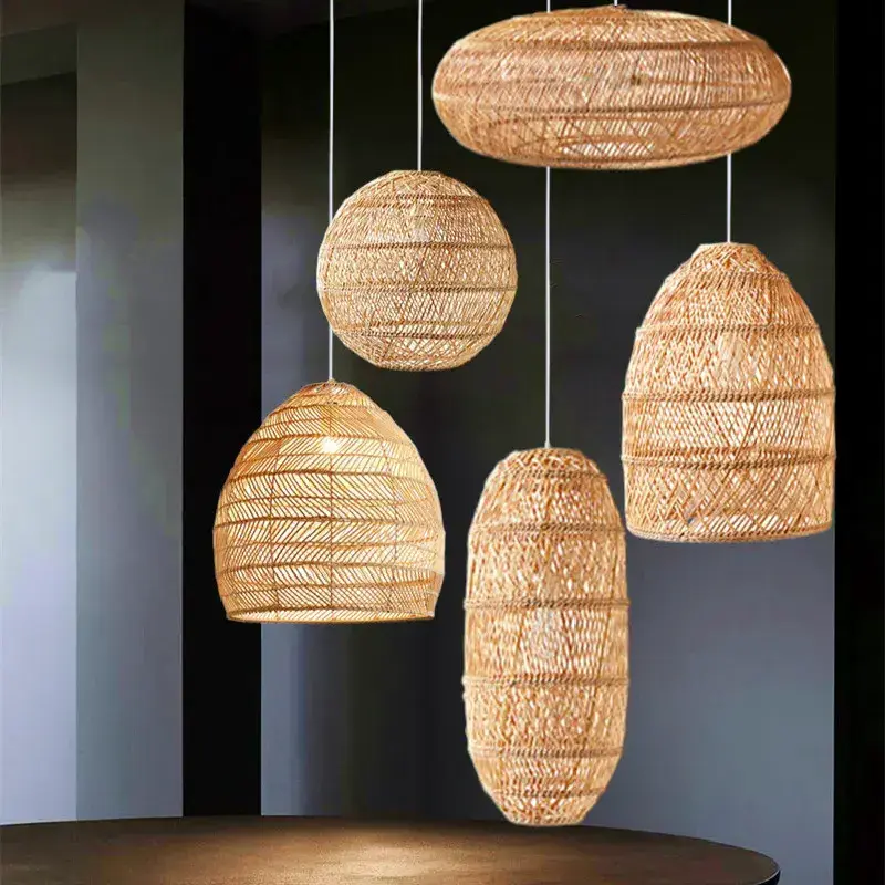 Rattan pendant lights decor bamboo wicker lampshades chandeliers ceiling frames handmade lamp shades covers wooden modern style