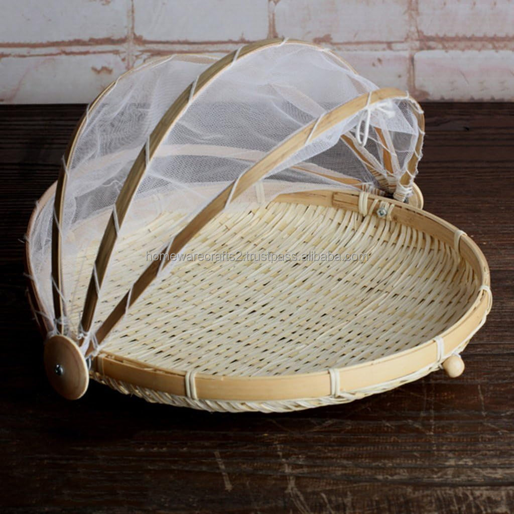 Cheapest fruit basket cover products bamboo food tent handmade collapsible woven wicker serving baskets Dustproof-Bug-Proof