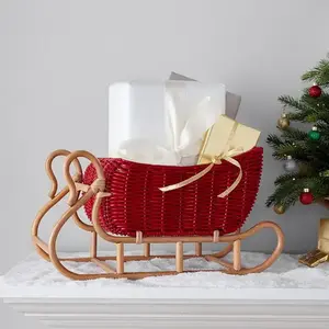 New Arrival Christmas Red Rattan Sleigh Storage Basket For Home Decoration Xmas Wholesale Products Items Decorative Gift Items