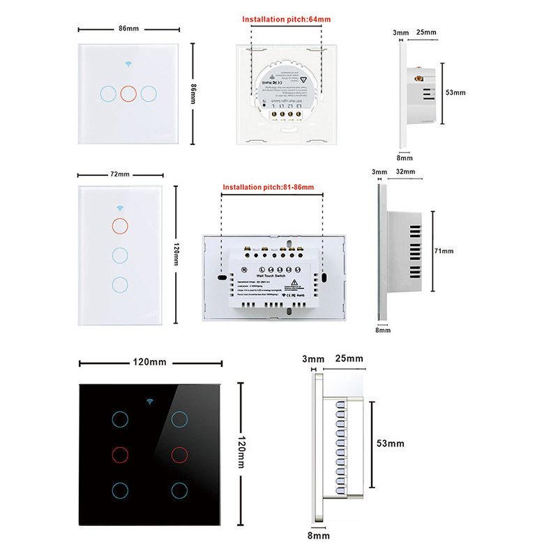 120x120 Brazilian General No Neutral Line Tuya Wifi And RF 433mhz Glass Panel 4 6 Gang Touch Wall Light Smart Wifi Switch