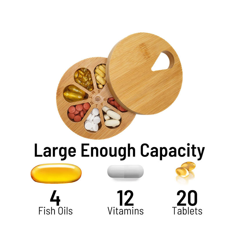 7 Day & 4 Times Weekly VIitamins Fish Oil Supplements Travel Bamboo Daily Pill Case Box Organizer