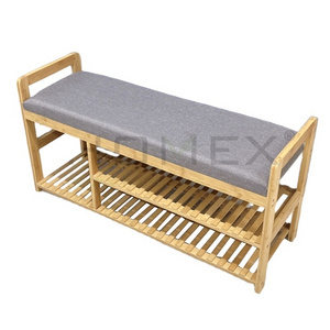 Bamboo Storage Shoe Rack Bench Cushion Seat with Hidden Storage Underseat