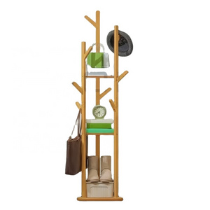 Modern Luxury Bamboo Wooden Clothing Hanger Floor Standing Corner Coat Rack Stand Shelf