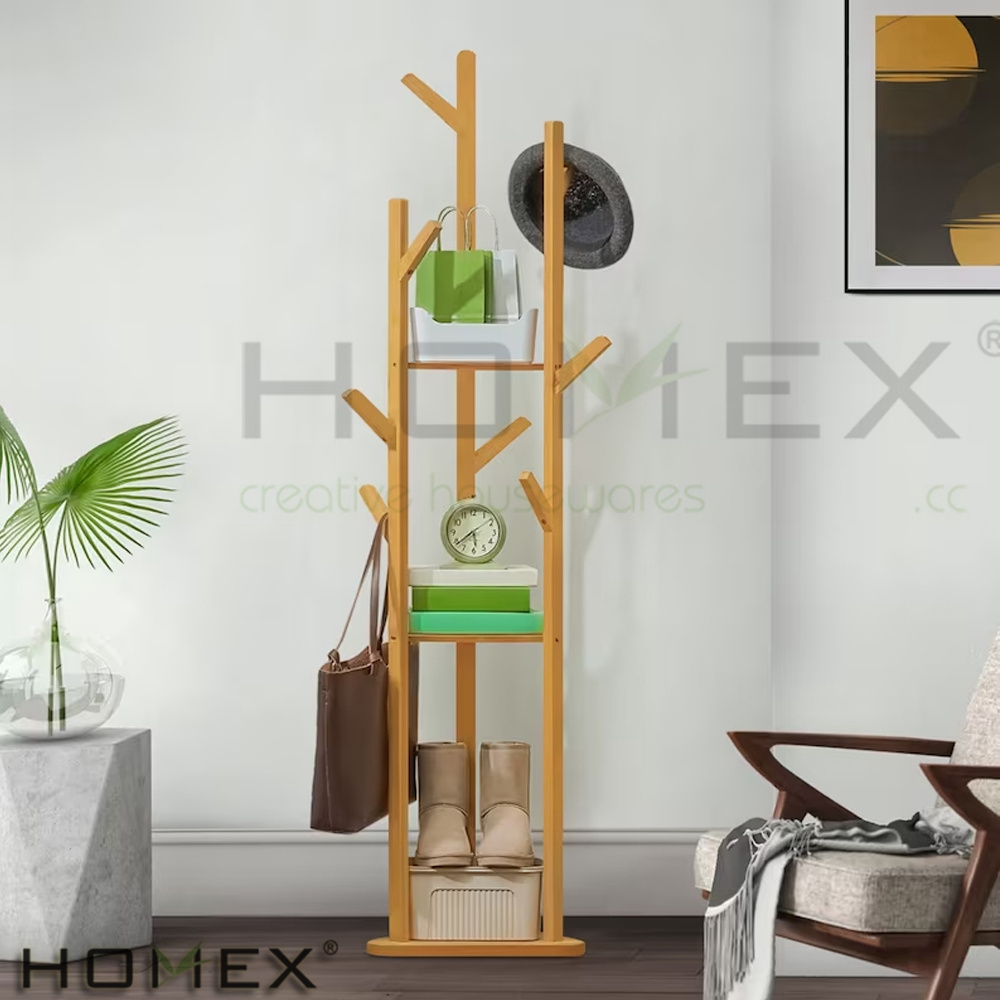 HOMEX/BSCI Soild Bamboo Tree Hanger Floor Standing Coat Rack Stand with Shelf for Bedroom