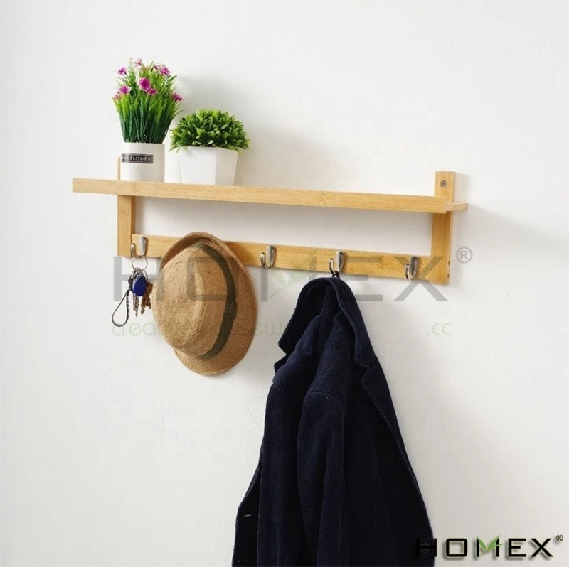 Bamboo Entryway Organizer Key Holder Wall Mounted Coat Rack with Shelf and 7 Hooks Floating Shelf Wood Shelf Coat Hanger