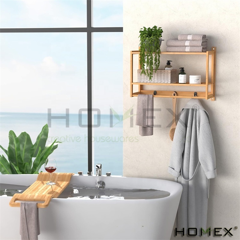 Bamboo Wall Shelf with Towel Bar 3 Hooks Wall Mount Storage Shelves 2 Tier Rack for Bathroom