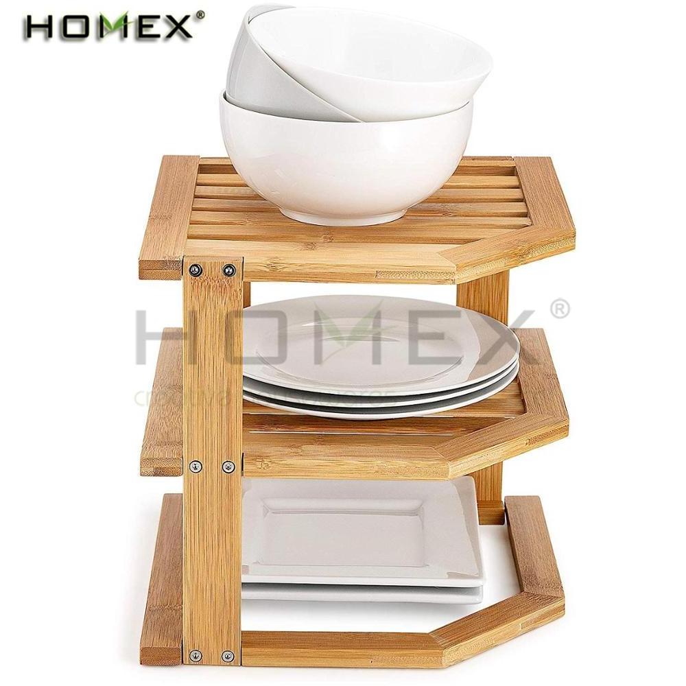 3 Tier Bamboo Corner Shelf Plate Rack Organizer for Cabinet, Countertop and Closet Shelf Organizer/Homex_BSCI Factory